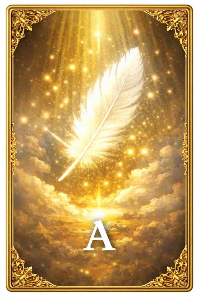 白い羽根と金色の光が描かれたAのオラクルカード