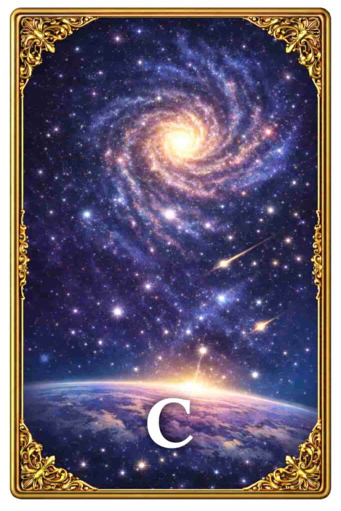 宇宙と銀河が描かれた神秘的なCのオラクルカード